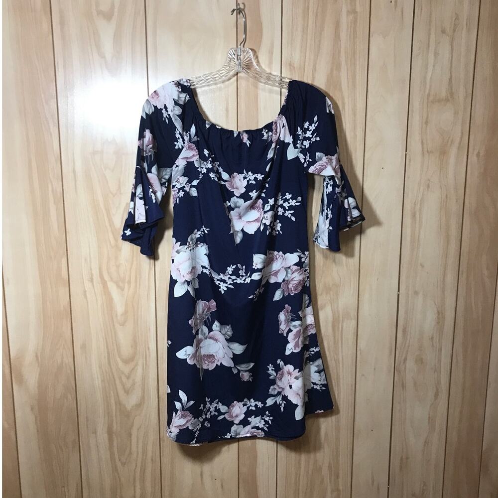 Blue Floral Off the Shoulder Ruffled 3/4 Sleeve Short A-line Women Dress M